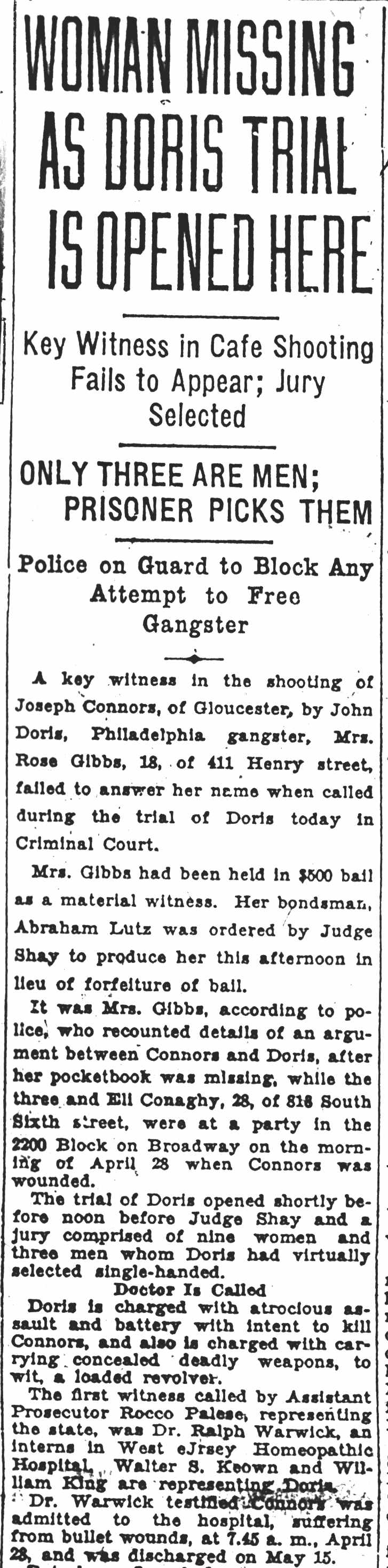 Camden Courier-Post, August 27, 1929 — Woman Missing as Doris Trial Is Opened Here