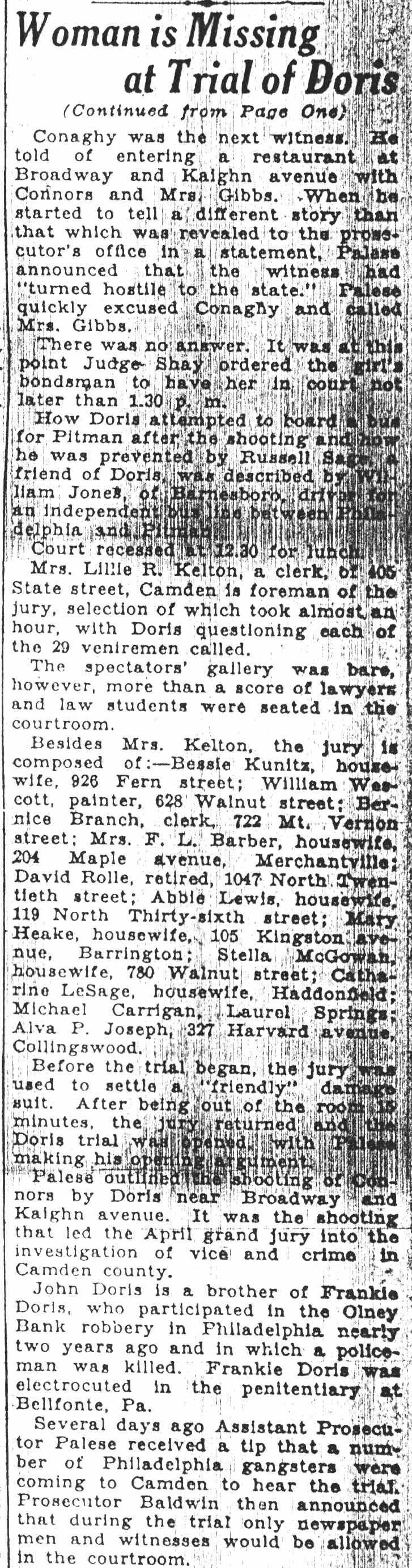 Camden Courier-Post, August 27, 1929 — Woman is Missing at Trial of Doris (Continued from Page One)