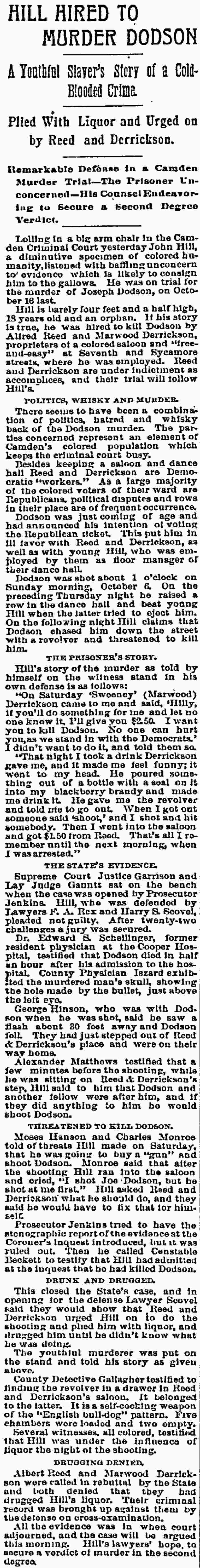 Philadelphia Inquirer, February 9, 1893 — Hill hired to murder Dodson, full article
