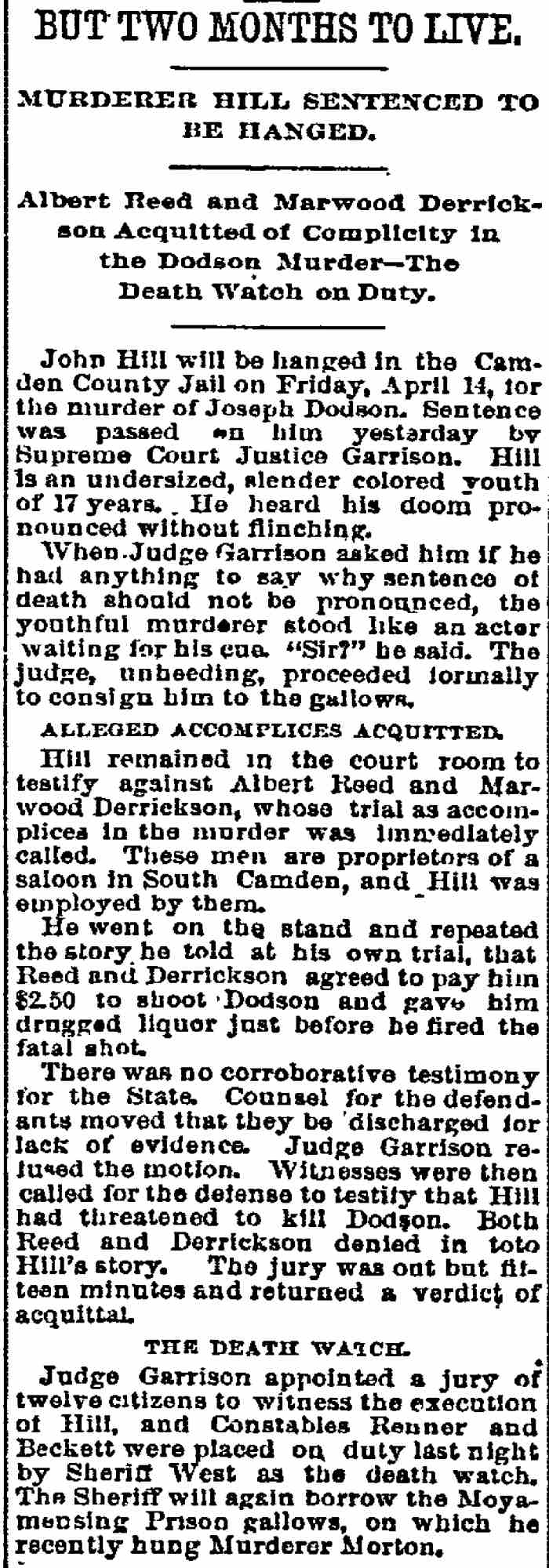 Philadelphia Inquirer, February 14, 1893 — But Two Months to Live — Murderer Hill Sentenced to Be Hanged