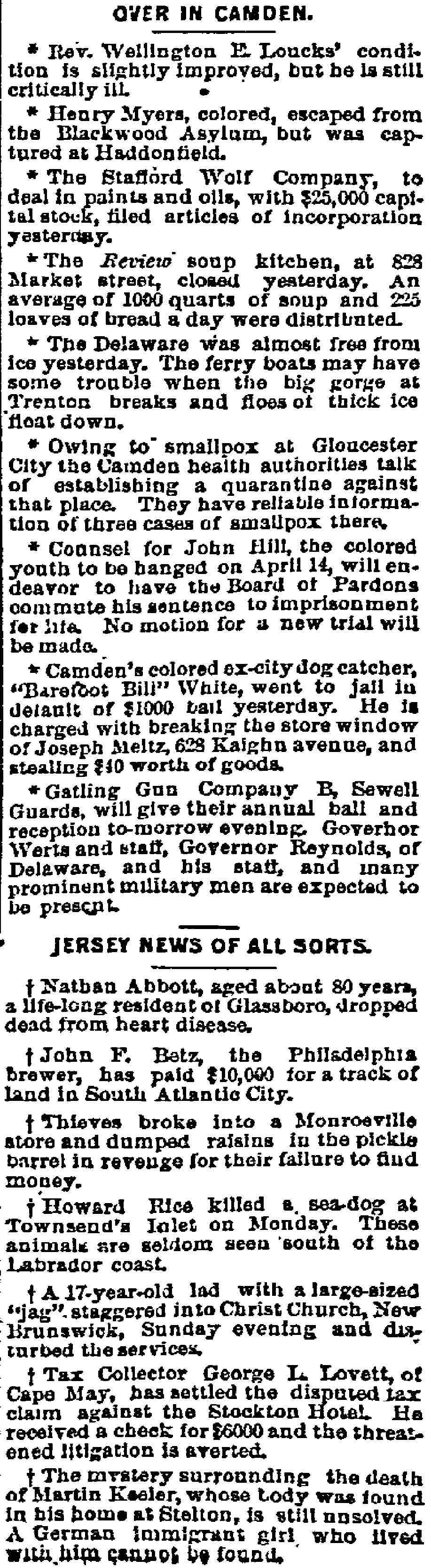 Philadelphia Inquirer, February 15, 1893 — Over in Camden news roundup
