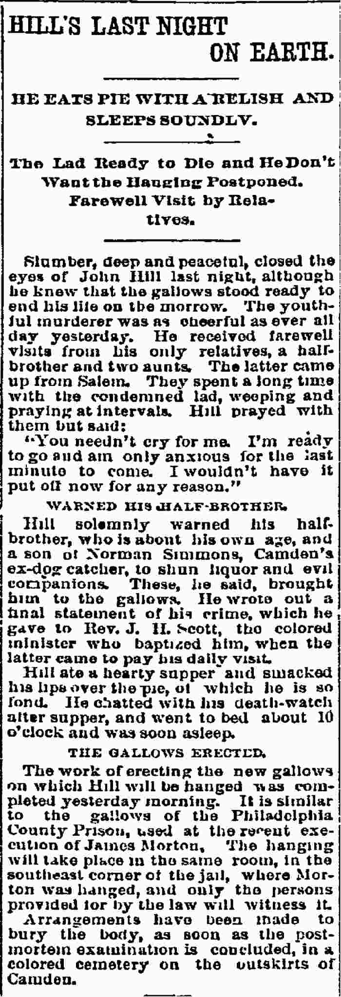Philadelphia Inquirer, April 14, 1893 — Hill's Last Night on Earth