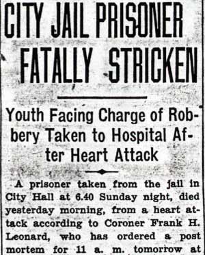 Newspaper clipping: City Jail Prisoner Fatally Stricken, Camden Courier-Post, August 11, 1936