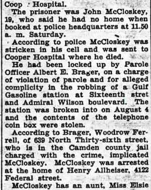 Newspaper clipping: City Jail Prisoner Fatally Stricken (continued), Camden Courier-Post, August 11, 1936