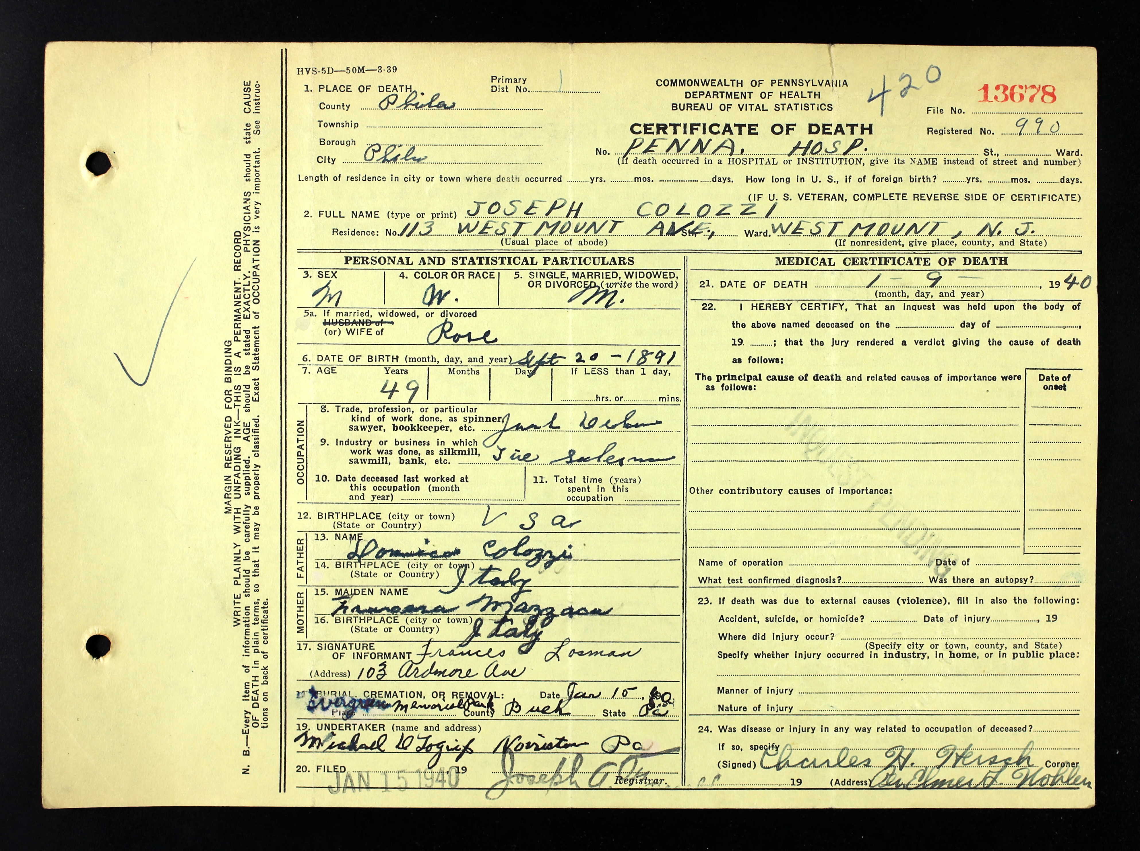 Pennsylvania Certificate of Death — Joseph Colozzi