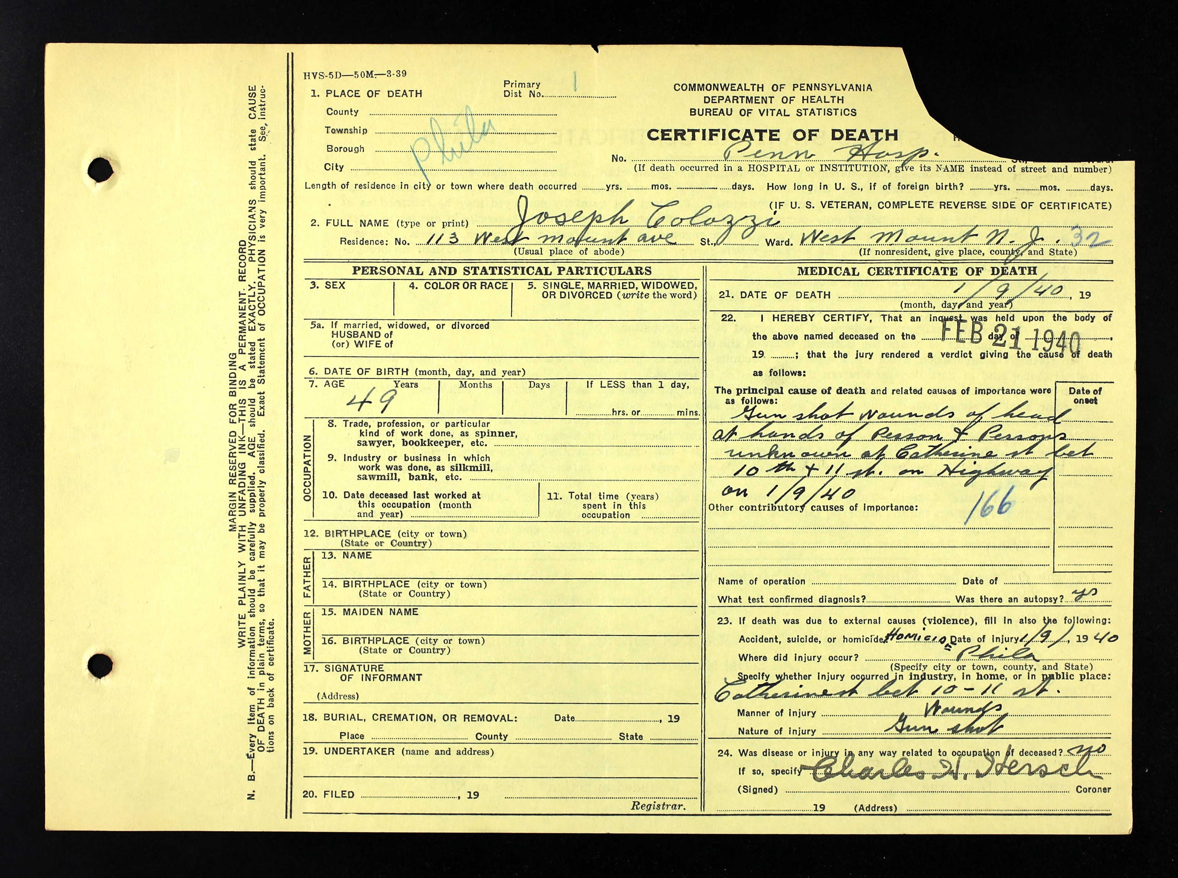 Pennsylvania Certificate of Death — Joseph Colozzi (continued)