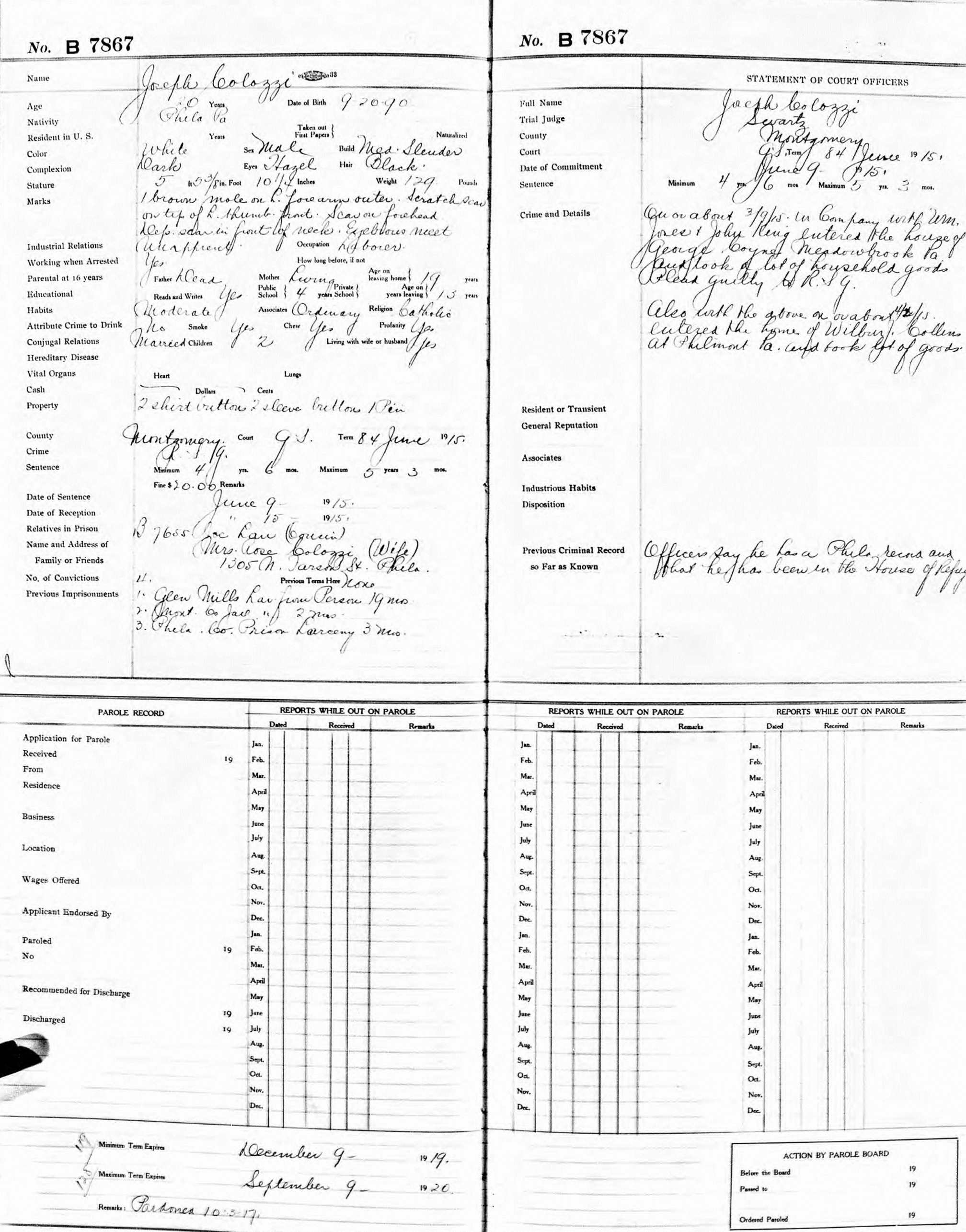 Pennsylvania Prison Record — Joseph Colozzi, Eastern State Penitentiary No. B 7867