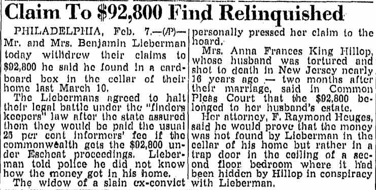 Greensboro Daily News February 8, 1948 — Claim To $92,800 Find Relinquished — Anna Frances King Hillop withdraws claim to money found in Philadelphia cellar