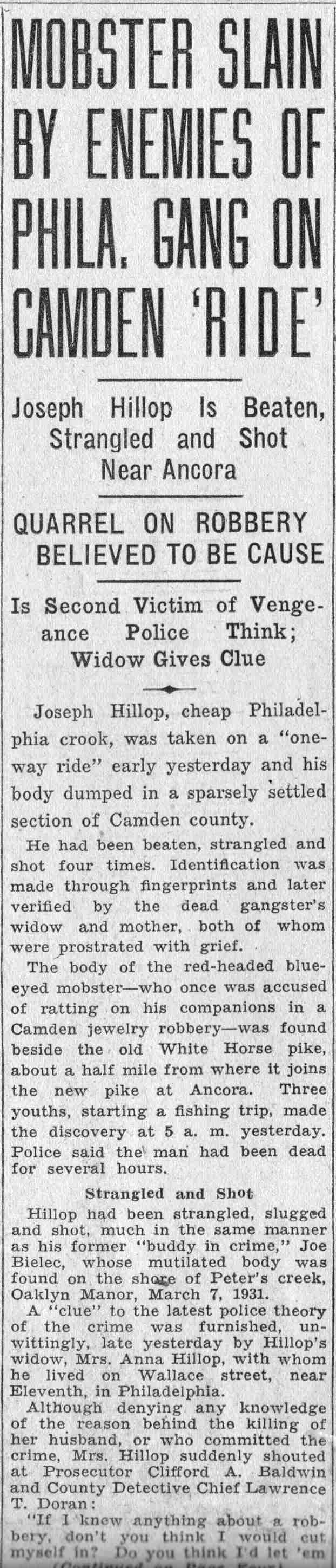 Camden Courier-Post June 9 1932, Joseph Hillop case