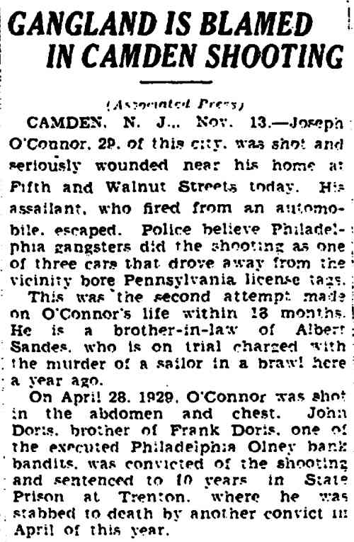 Trenton Evening Times, November 13, 1930 — Gangland Is Blamed in Camden Shooting