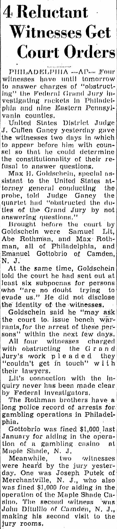 4 Reluctant Witnesses Get Court Orders, Trenton Times, September 21, 1950