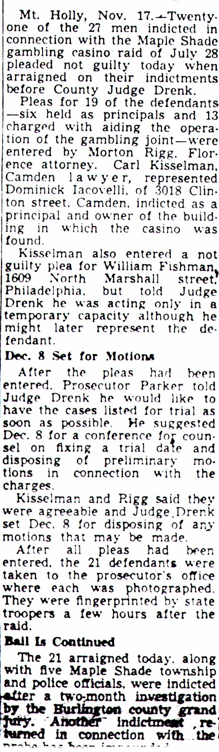 21 Casino Raid Suspects Plead Not Guilty, Camden Courier-Post, November 17, 1949