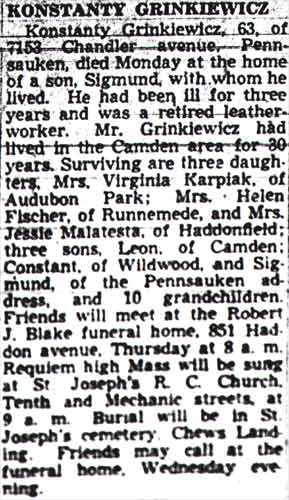 Camden Courier-Post November 15, 1949 — Konstanty Grinkiewicz obituary