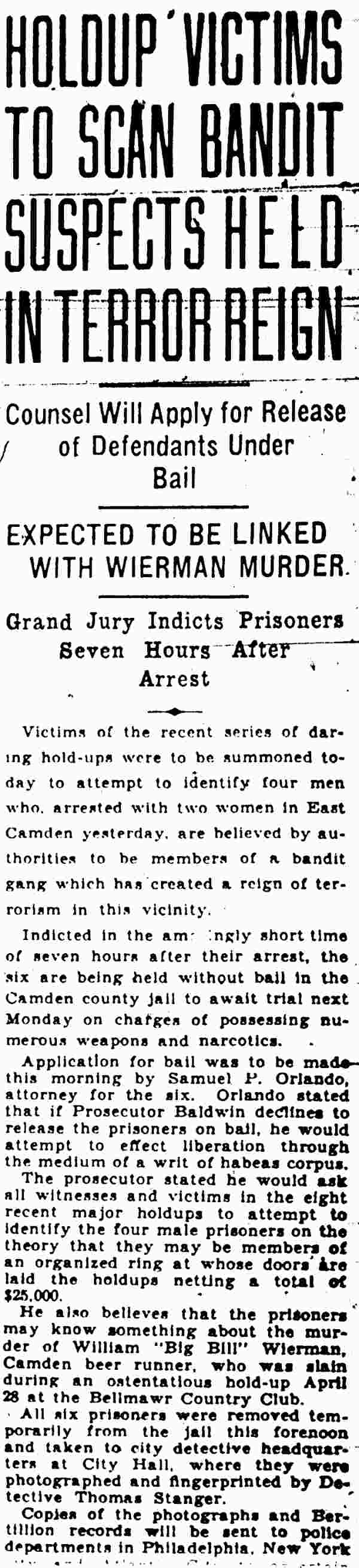 Camden Courier-Post, June 4, 1930 — Holdup Victims to Scan Bandit Suspects Held in Terror Reign