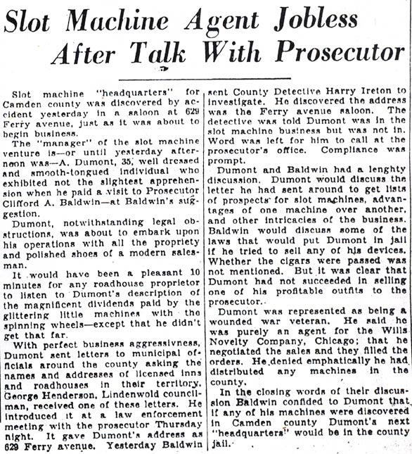 Camden Courier-Post December 1, 1930 - Slot Machine Agent Jobless After Talk With Prosecutor