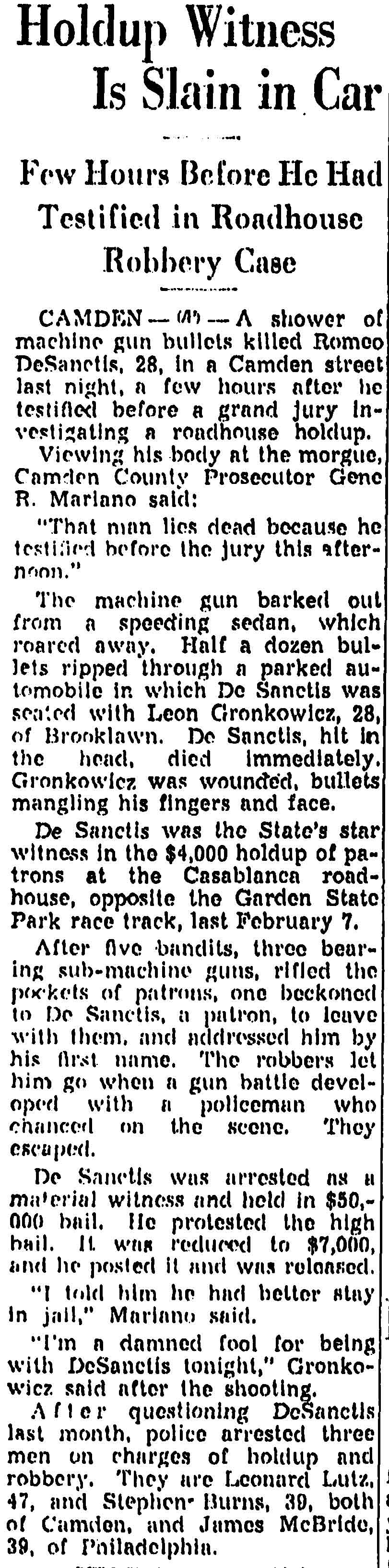 Trenton Times March 23, 1945 — Holdup Witness Is Slain in Car