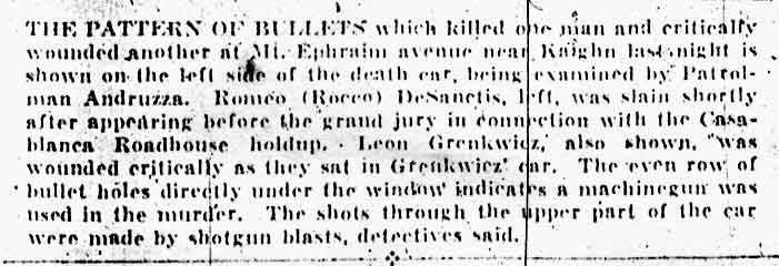 Photo caption: pattern of bullets in death car, DeSanctis and Grenkwicz