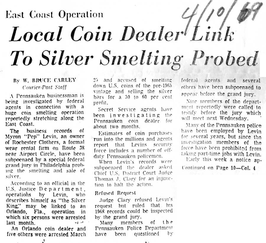 Local Coin Dealer Link to Silver Smelting Probed - Camden Courier-Post - April 10, 1969