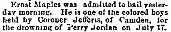 Philadelphia Inquirer, August 4, 1891 — Ernst Maples admitted to bail