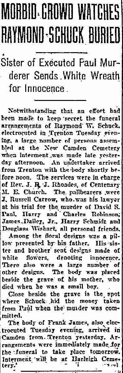 Philadelphia Inquirer, September 1, 1921 — Raymond Schuck funeral