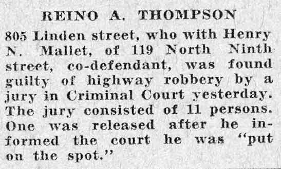 Caption: Reino A. Thompson, convicted of highway robbery, October 1931