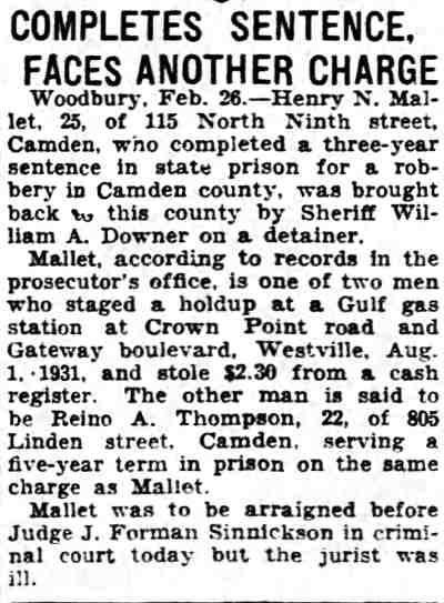 Camden Courier-Post, February 27, 1934 — Completes Sentence, Faces Another Charge
