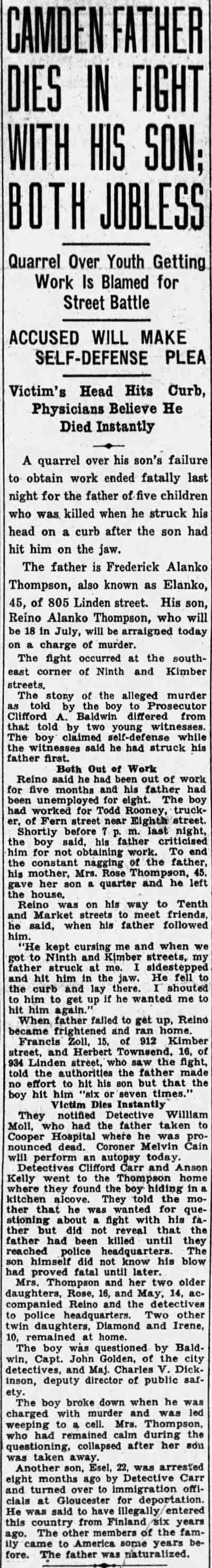 Camden Courier-Post, April 10, 1931 — Camden Father Dies in Fight With His Son