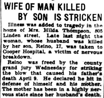 Camden Courier-Post, April 25, 1931 — Wife of Man Killed by Son Is Stricken