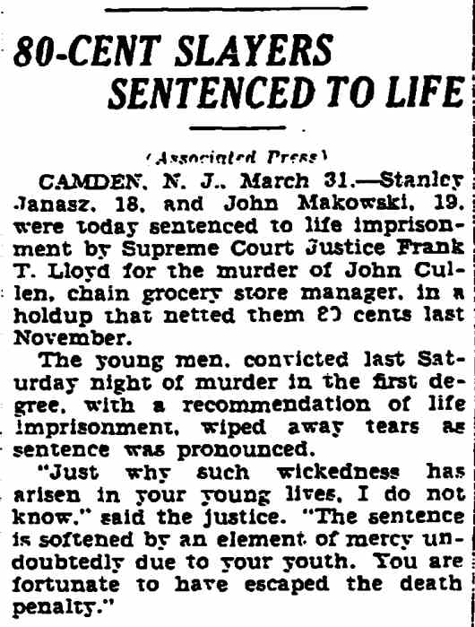 Trenton Times, March 31, 1931 — 80-Cent Slayers Sentenced To Life