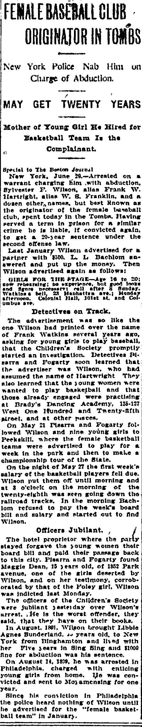 Boston Journal, June 29, 1903 — Female Baseball Club Originator in Tombs