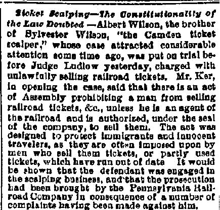 Philadelphia Inquirer, October 27, 1880 — Ticket Scalping (part 1)