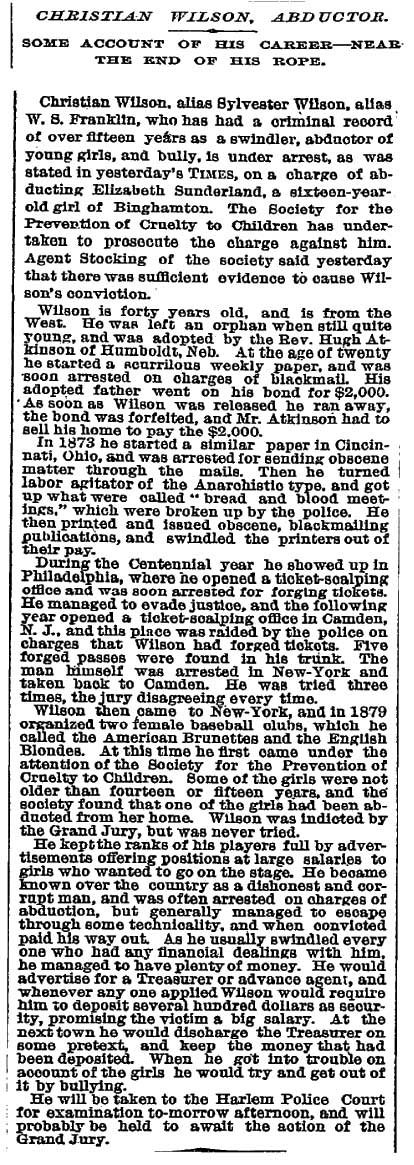 New York Times, August 16, 1891 — Christian Wilson, Abductor