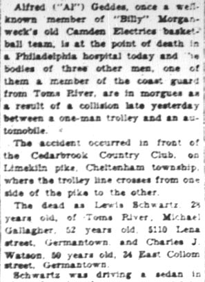 'Al' Geddes Injured, Trolley Hits Auto — Camden Courier-Post, February 9, 1928