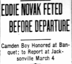 Camden Courier-Post, February 29, 1928 — Eddie Novak Feted Before Departure, headline