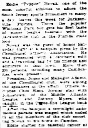 Camden Courier-Post, February 29, 1928 — Eddie Novak Feted Before Departure, part 1
