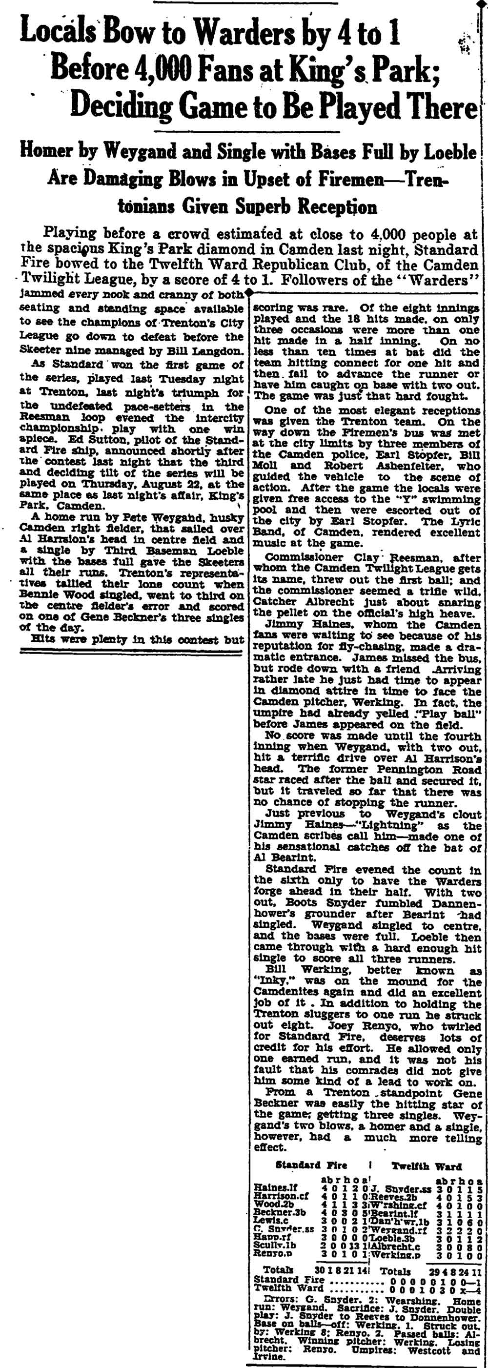 Trenton Times, August 14, 1929 — 12th Ward team with Elwood Bearint