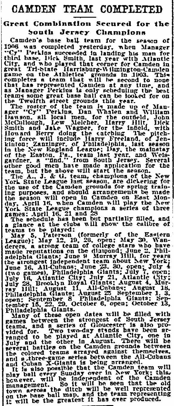 Philadelphia Inquirer, February 24, 1906 — Camden Team Completed article
