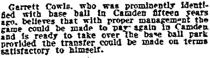 Camden Baseball Notes, Philadelphia Inquirer, March 20, 1905
