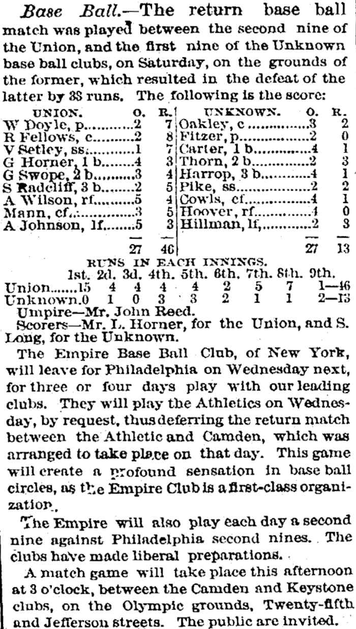 Baseball box score, Philadelphia Daily Age, August 21, 1865