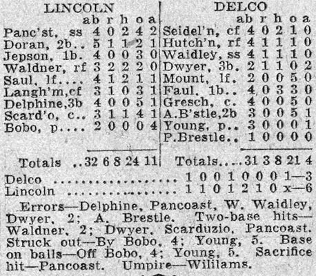 Lincoln vs Delco box score, June 30 1933, Bobo pitching