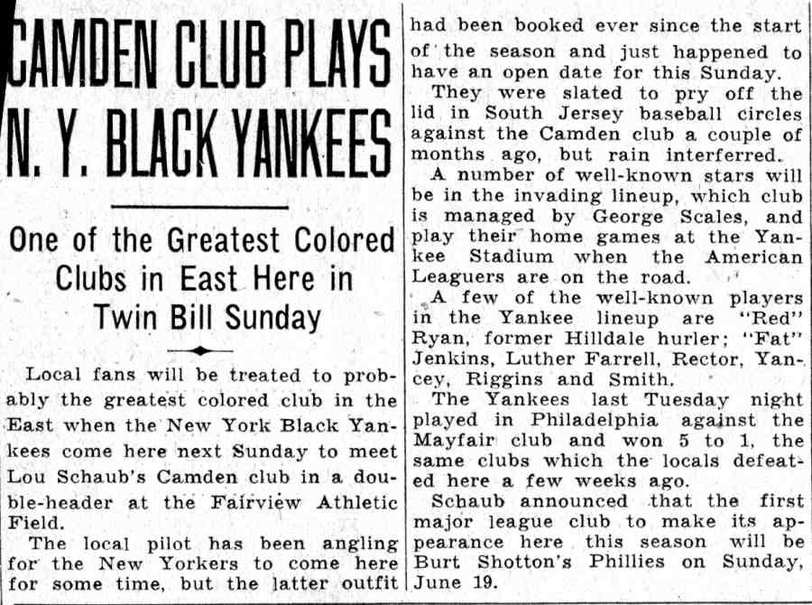 Camden Club Plays N. Y. Black Yankees