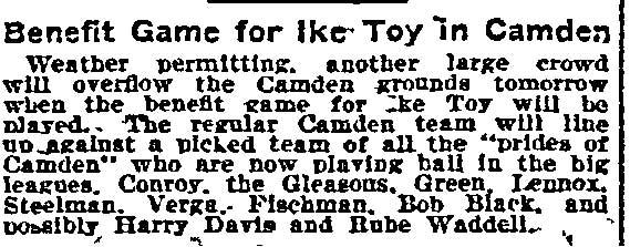 Philadelphia Inquirer, October 19, 1906 — Benefit Game for Ike Toy in Camden