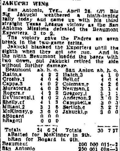 Galveston Texas Daily News, April 29, 1946 — Sig Jakucki, part 1