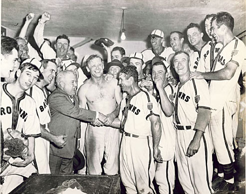 The Browns win the 1944 pennant — locker room celebration, Sig Jakucki without a shirt standing to the right of owner Donald Barnes