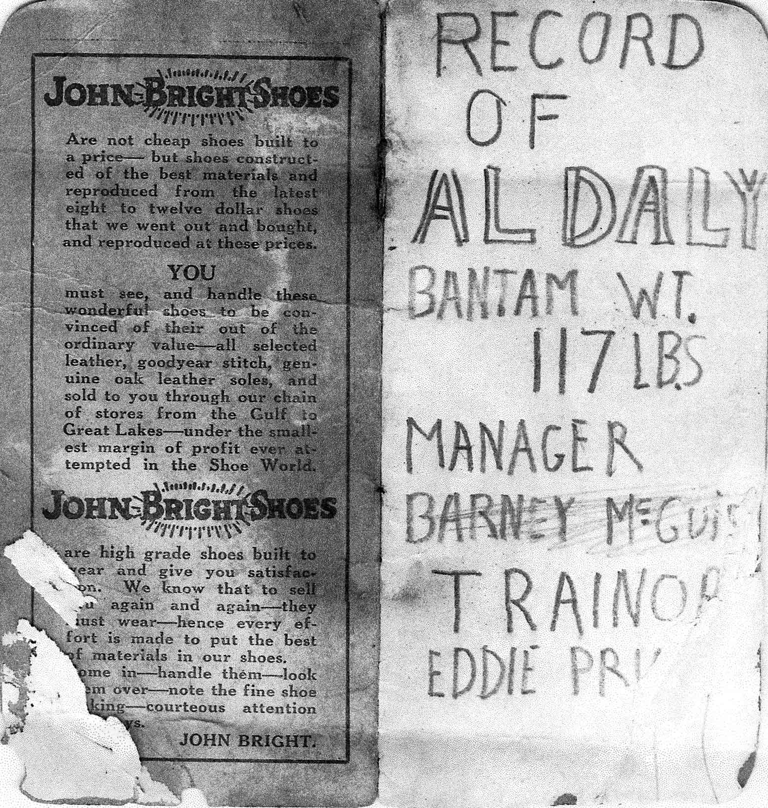 Al Daley boxing record card — Bantam Wt. 117 lbs, Manager Barney McGuise, Trainer Eddie Prince