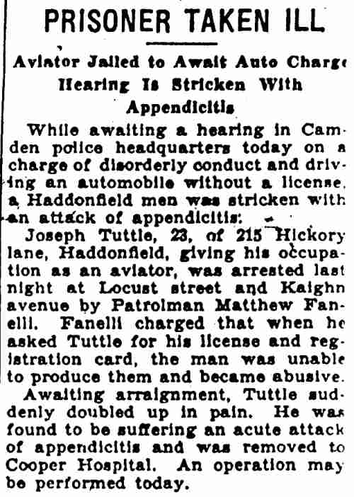 Camden Courier-Post, August 22, 1931: Prisoner Taken Ill — Patrolman Matthew Fanelli arrests a Haddonfield man