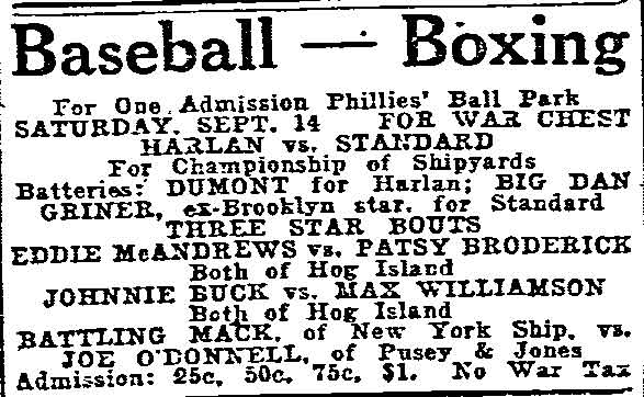 Philadelphia Inquirer, September 14, 1918: Baseball — Boxing advertisement