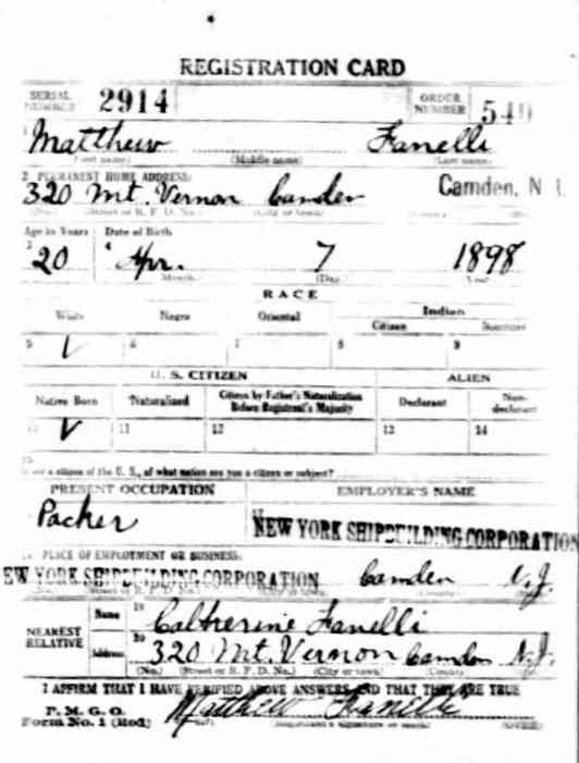 World War I Draft Registration Card — Battling Mack (Mattheo Fanelli), front