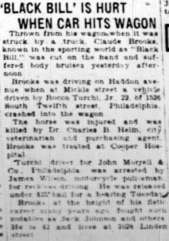 'Black Bill' Is Hurt When Car Hits Wagon, Camden Courier-Post, April 6, 1928
