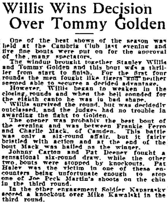 Philadelphia Inquirer, July 1, 1922 — Willis Wins Decision Over Tommy Golden